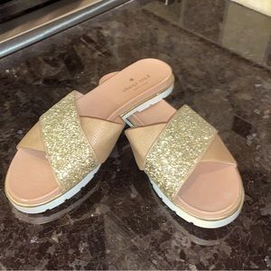 kate spade Gold Glitter and Fawn Slide Sandals, Size 9.5